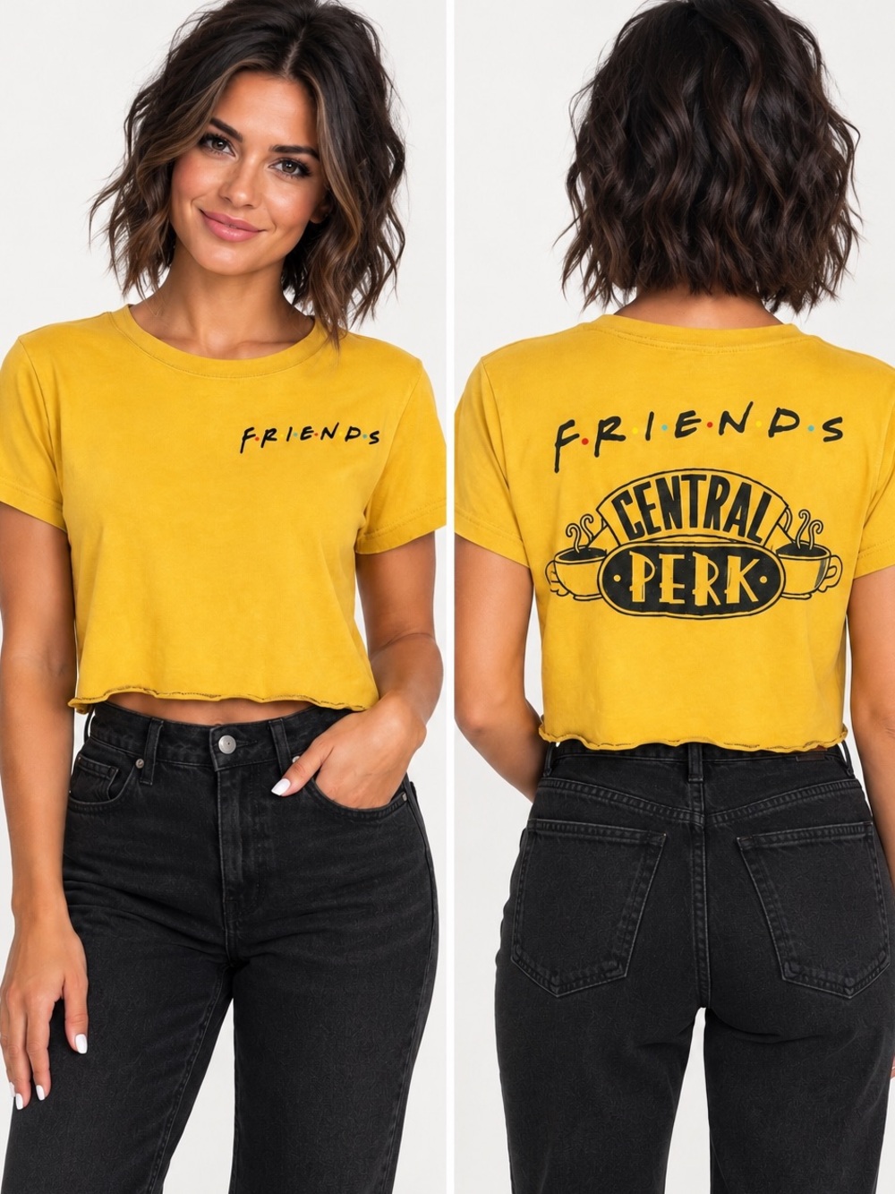 FRIENDS Tv Series Central Perk Mustard Yellow Cropped Graphic T-Shirt Raw Hem XS